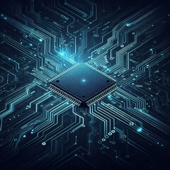 Thin circuit trace lines in blue on a dark technology background. Abstract digital tech bg. Electronics and computer technology concept. Chip and circuit board. Vector illustration. Chip connectors
