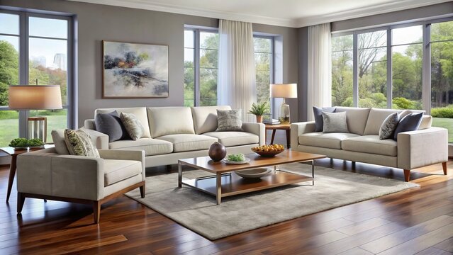 Modern furniture sets bring a touch of global flair to a welcoming Paramus, NJ living room, combining sleek