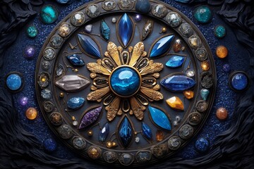 Obraz premium Zodiac signs with their associated crystals, depicted in a scene where each zodiac sign is paired with its corresponding healing crystal, shown in a mystical setting with glowing auras and celestial