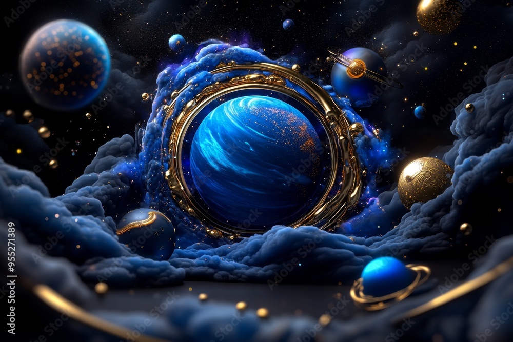 Wall mural zodiac signs with their ruling planets, depicted in a cosmic scene where each zodiac sign is connect