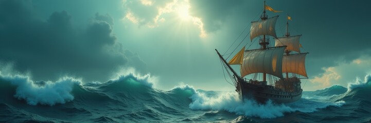 Obraz premium A majestic ship navigates through turbulent waters under a dramatic sky, evoking adventure and exploration. Perfect for themes of discovery, history, and maritime journeys.