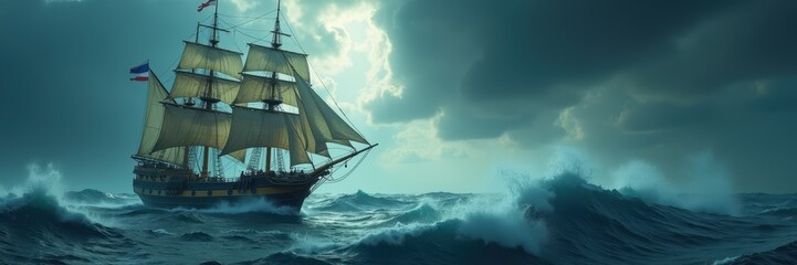 A majestic sailing ship battles through dramatic waves under a stormy sky, evoking a sense of adventure and resilience on the open sea.