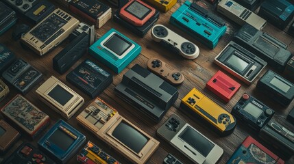 Retro Gaming Nostalgia: Flat Lay of Consoles and Cartridges