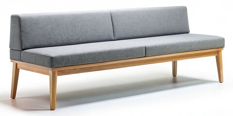 Modern office bench seating features gray fabric upholstery paired with a sturdy solid wood frame, providing comfort