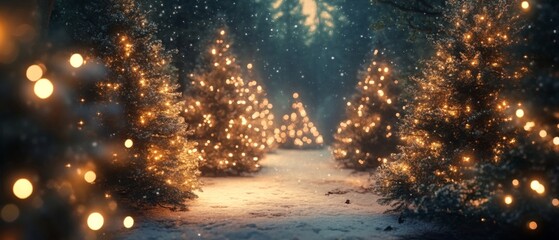 Magical forest with christmas trees and glowing lights