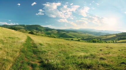 A beautiful, open field with a clear blue sky and a few clouds