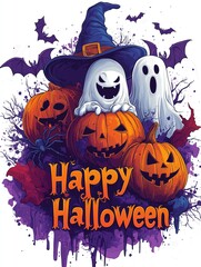 Illustration of ghosts and pumpkins with bats and Happy Halloween text in a spooky design