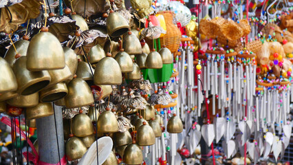 Naklejka premium Small colorful bells in temples for making merit are a belief in Buddhism.