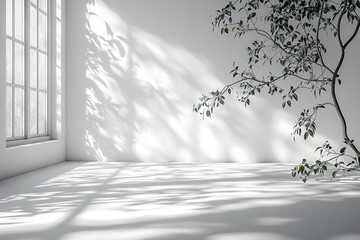 Fototapeta premium A white room with a large tree in the corner