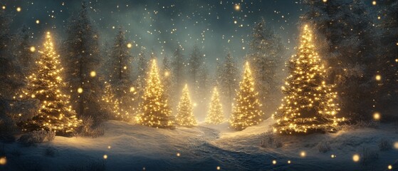 Magical forest with christmas trees and glowing lights
