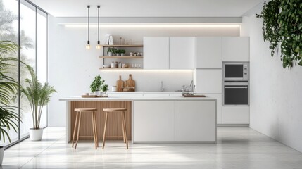 A light Scandinavian kitchen with minimalist white furniture and natural wood countertops bathed in soft daylight from large windows creating an open and airy feel