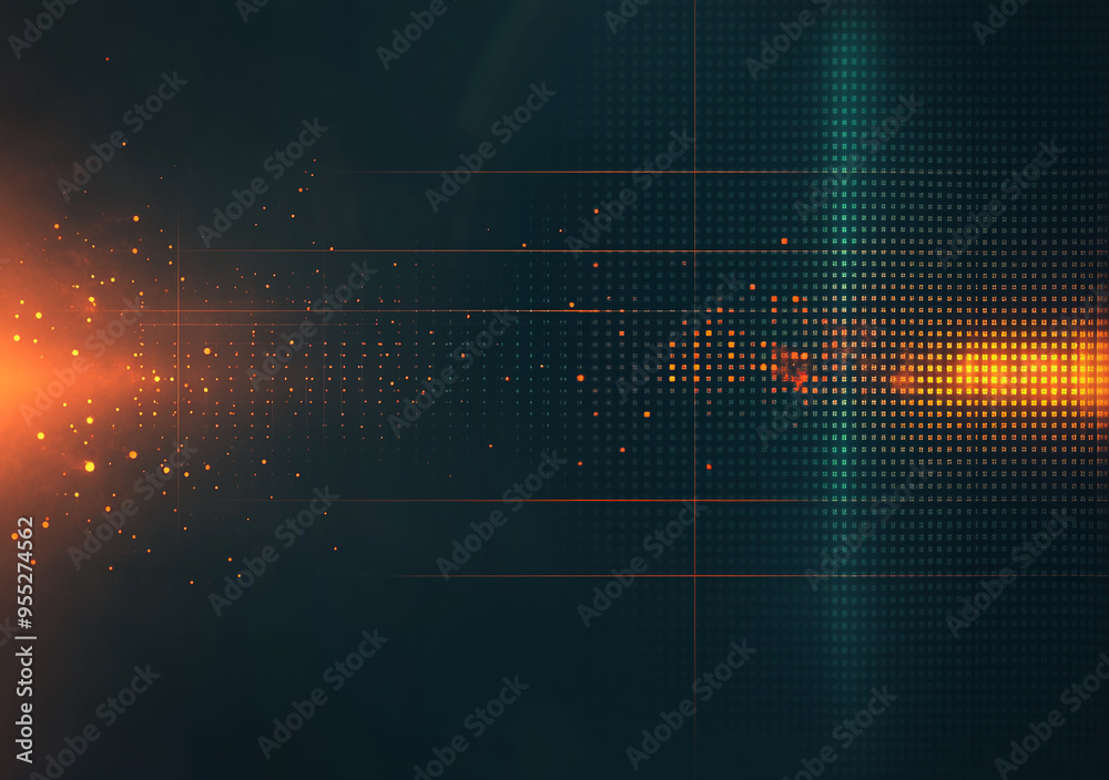 Wall mural a digital background with a dark teal and orange gradient, featuring subtle grid lines and pixelated