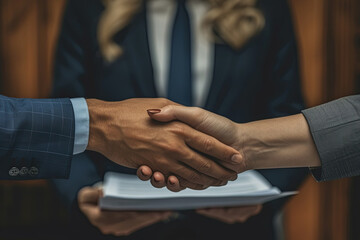 Obraz premium Two people shaking hands a suit and tie on the background of a lawyer