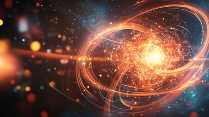 3D rendering of a data visualization background featuring abstract digital particles and futuristic circular rings on a dark black background. The glowing light effect, along with colorful laser spark