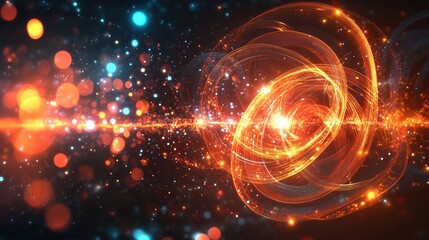 Obraz premium 3D rendering of a data visualization background featuring abstract digital particles and futuristic circular rings on a dark black background. The glowing light effect, along with colorful laser spark