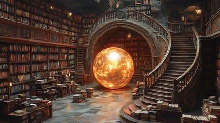 Illustration of mystical library with endless rows of books spiral staircases and a large glowing orb in the center