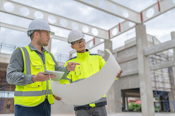 Two Asian engineer working at site of a large building project,Work overtime at construction site,Team of engineer discus at site,The architect, supervisor, and foreman meet to discuss the design