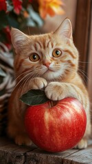 Photo of adorable orange tabby kitten holding a large red apple with leaves in a cozy setting