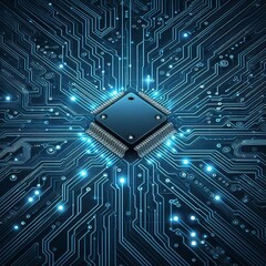 Thin circuit trace lines in blue on a dark technology background. Abstract digital tech bg. Electronics and computer technology concept. Chip and circuit board. Vector illustration. Chip connectors
