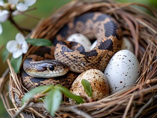 Fototapeta premium Snake Coiled in Bird s Nest with Detailed Speckled Eggs in Spring Setting Copy Space