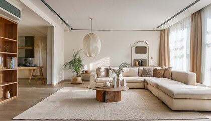 A simple living room with clean lines and neutral colors