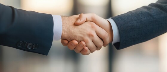 Obraz premium Close-up of two business professionals shaking hands, symbolizing agreement, partnership, and professional relationships.