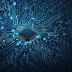 Thin circuit trace lines in blue on a dark technology background. Abstract digital tech bg. Electronics and computer technology concept. Chip and circuit board. Vector illustration. Chip connectors
