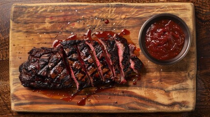 A slab of meat with a sauce on a wooden cutting board