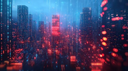  Skyscrapers pierce the night sky, their twinkling lights creating a majestic silhouette against the dark. The city pulses with energy, a symphony of light and shadows illuminating the skyline.