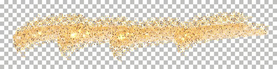 Golden powder splash with sparkle glitter, Abstract brush strokes, grainy dot particles, yellow sand with shimmer effect. Isolated on transparent background. Vector illustration © Amarylle
