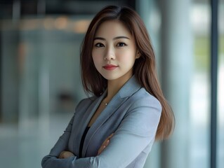 Naklejka premium A confident Asian businesswoman in a modern office, power pose, strong gaze, minimalist background