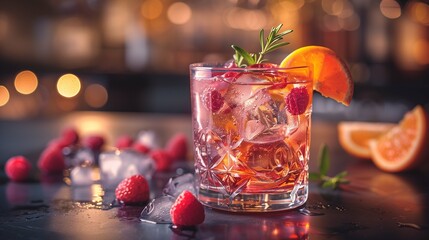 Beautifully crafted raspberry citrus cocktail with rosemary closeup image. Ice cubes beverage served in crystal glass close up photography. Party mocktail concept photo realistic