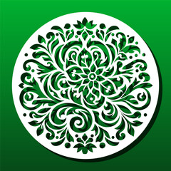 Laser cut mandala coaster or pendant, floral pattern in oriental style. Engraving, cutting, carving.for home decor, wall art panel, diy craft. Vector illustration