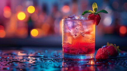 Strawberry cocktail in vibrant night closeup image. Bokeh refreshing beverage served in chilled glass close up photography. Lively nightlife. Party mocktail concept photo realistic