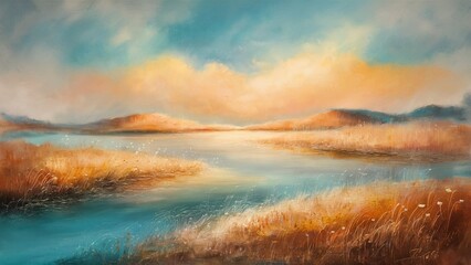 Fototapeta premium Serene Landscape Painting of a Tranquil Lake and Rolling Hills