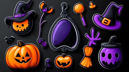 Colorful Halloween icons featuring pumpkins, witches, and spooky elements perfect for festive designs.