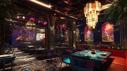 A restaurant with dynamic vibrant themes and 3D-rendered decor