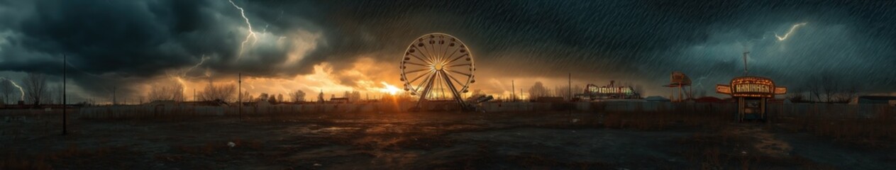 Haunted Amusement Park with Dark Ferris Wheel Under Stormy Sky