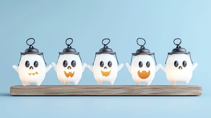 Cute ghost lanterns lined up on a wooden base, perfect for Halloween decor and festive celebrations.