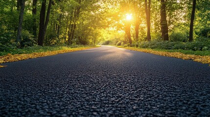  A sunlit road surrounded by lush trees, leading into the distance as the golden sunlight filters through the canopy.