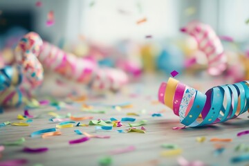 Colorful party streamers and confetti on floor