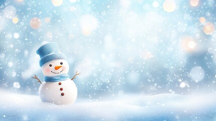 Fototapeta premium A snowman with a blue hat and a smile on his face is standing in the snow