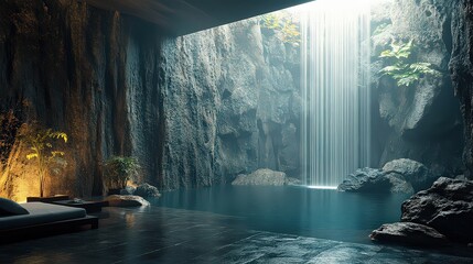   luxurious indoor pool with a cascading waterfall in a cave-like setting, offering a serene and exotic retreat that blends nature with modern comfort.