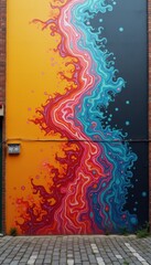 Vibrant street art mural featuring a flowing design in orange, red, and blue tones, perfect for creative projects, urban themes, and modern aesthetics.