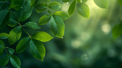A leafy green tree branch with sunlight shining on it