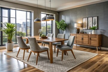 Polished metal and glass table with sleek chairs complement the modern sideboard and plush area rug in this