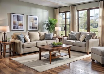 Fototapeta premium Relax in the warmth of this neutral-toned living room furniture set, designed for comfort and budget-friendliness, a