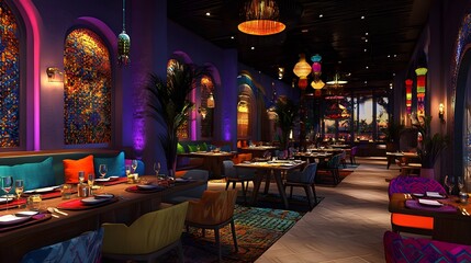 A restaurant with dynamic vibrant themes and 3D-rendered decor