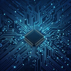 Thin circuit trace lines in blue on a dark technology background. Abstract digital tech bg. Electronics and computer technology concept. Chip and circuit board. Vector illustration. Chip connectors
