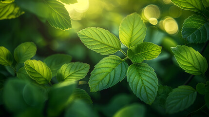 Fototapeta premium A leafy green tree branch with sunlight shining on it